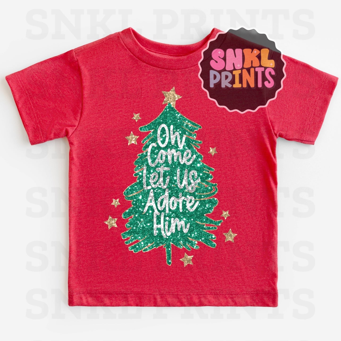 Oh Come Let Us Adore Him Faux Glitter Tree Tee | Kids & Adult