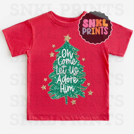 Oh Come Let Us Adore Him Faux Glitter Tree Tee | Kids & Adult