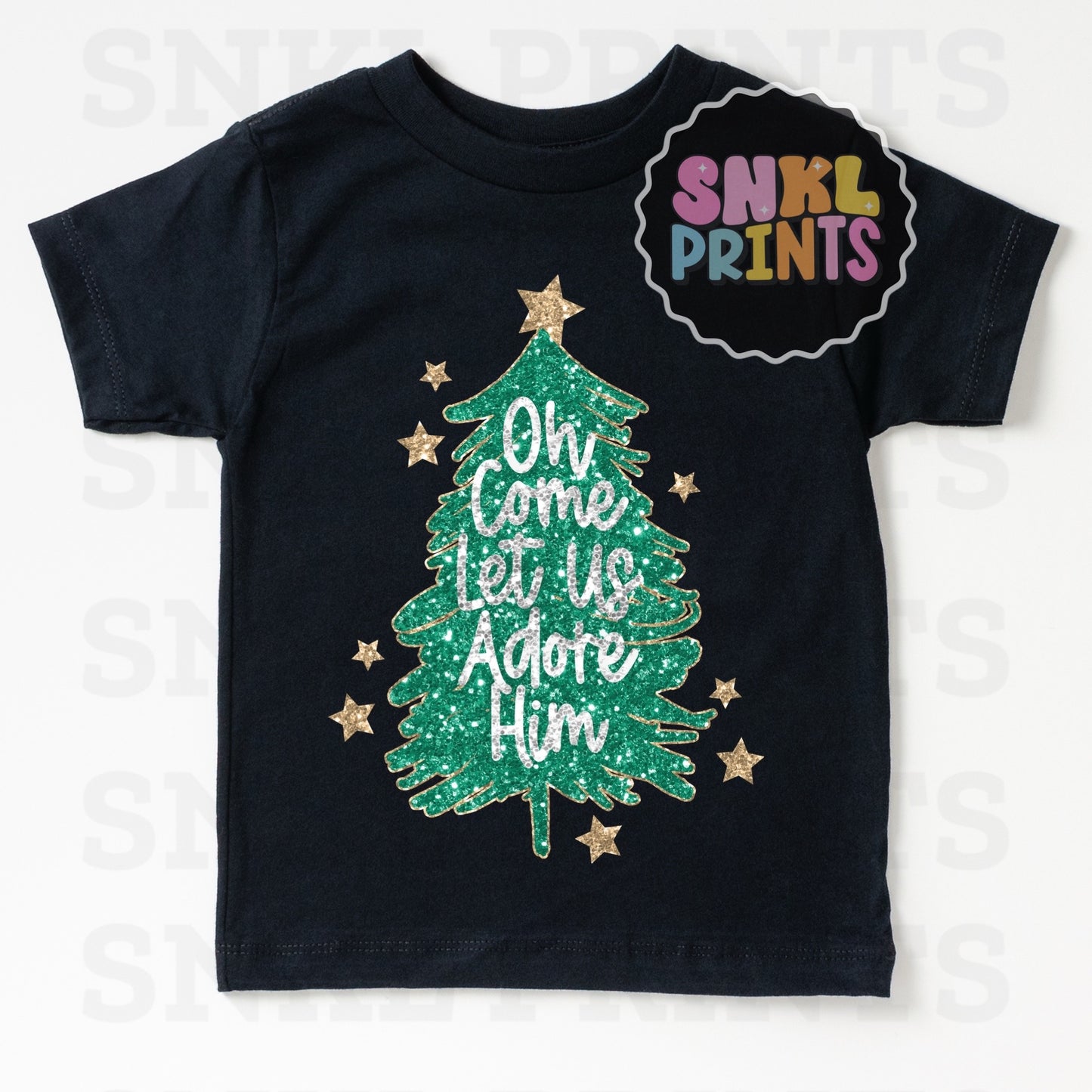 Oh Come Let Us Adore Him Faux Glitter Tree Tee | Kids & Adult