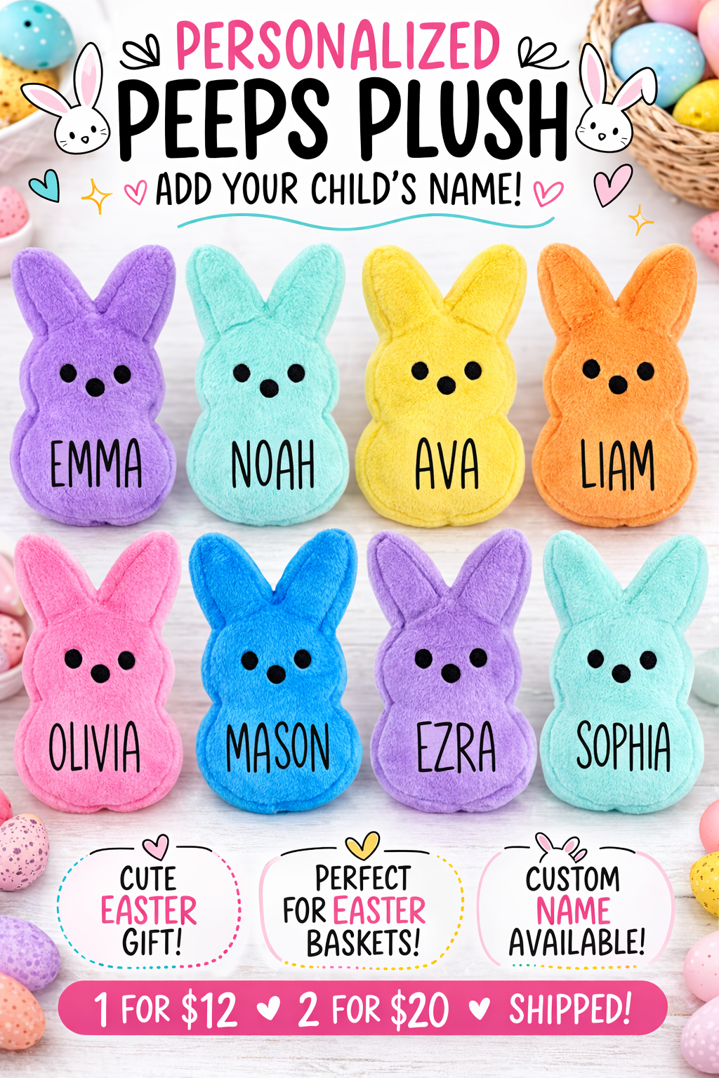 Personalized Peeps Plush | Custom Name Easter Bunny Stuffed Animal | Easter Basket Stuffer for Kids | Peeps Plushie Gift