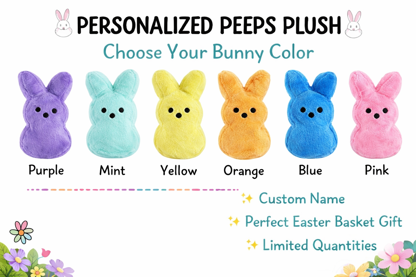Personalized Peeps Plush | Custom Name Easter Bunny Stuffed Animal | Easter Basket Stuffer for Kids | Peeps Plushie Gift