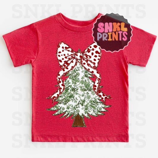 Faux Glitter Coquette Christmas Tree Tee | Kids & Adult