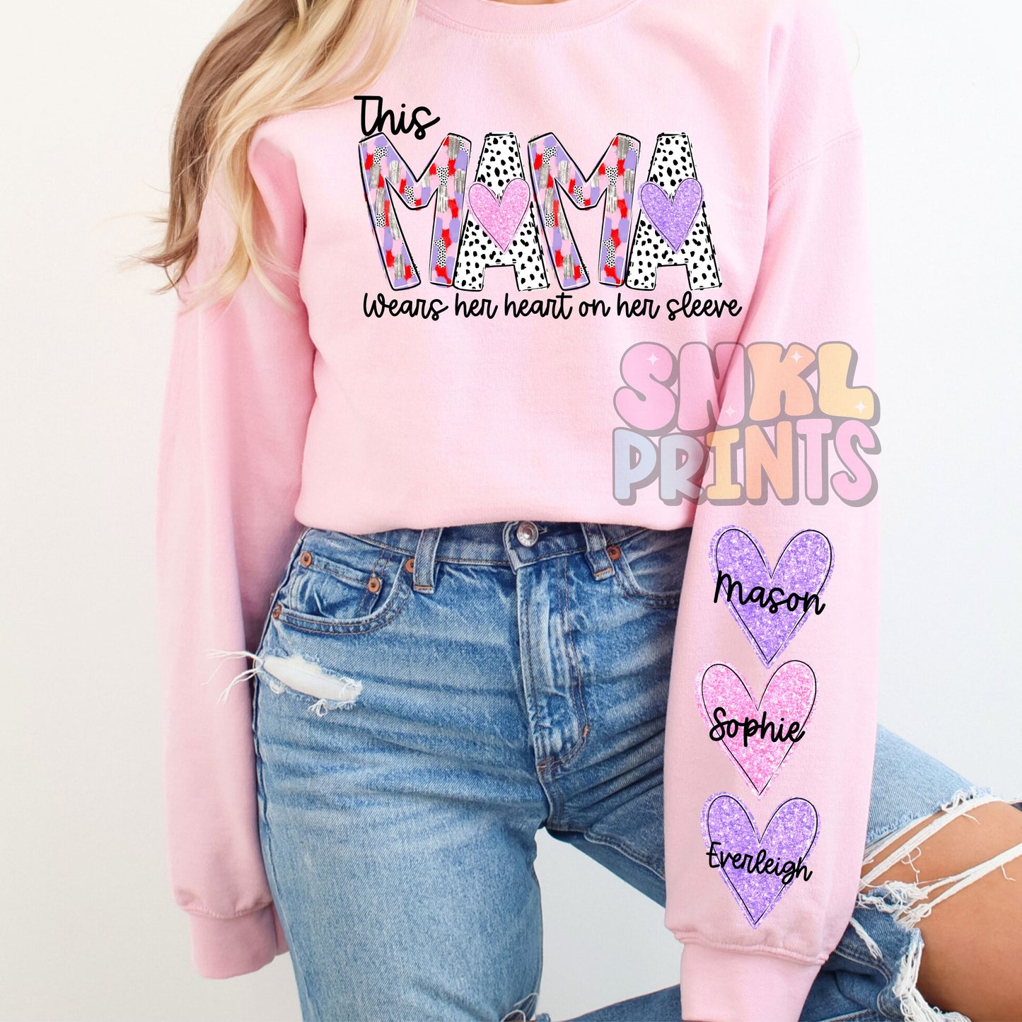 This Mama Wears Her Heart On Her Sleeve Valentine's Day Adult Sweatshirt