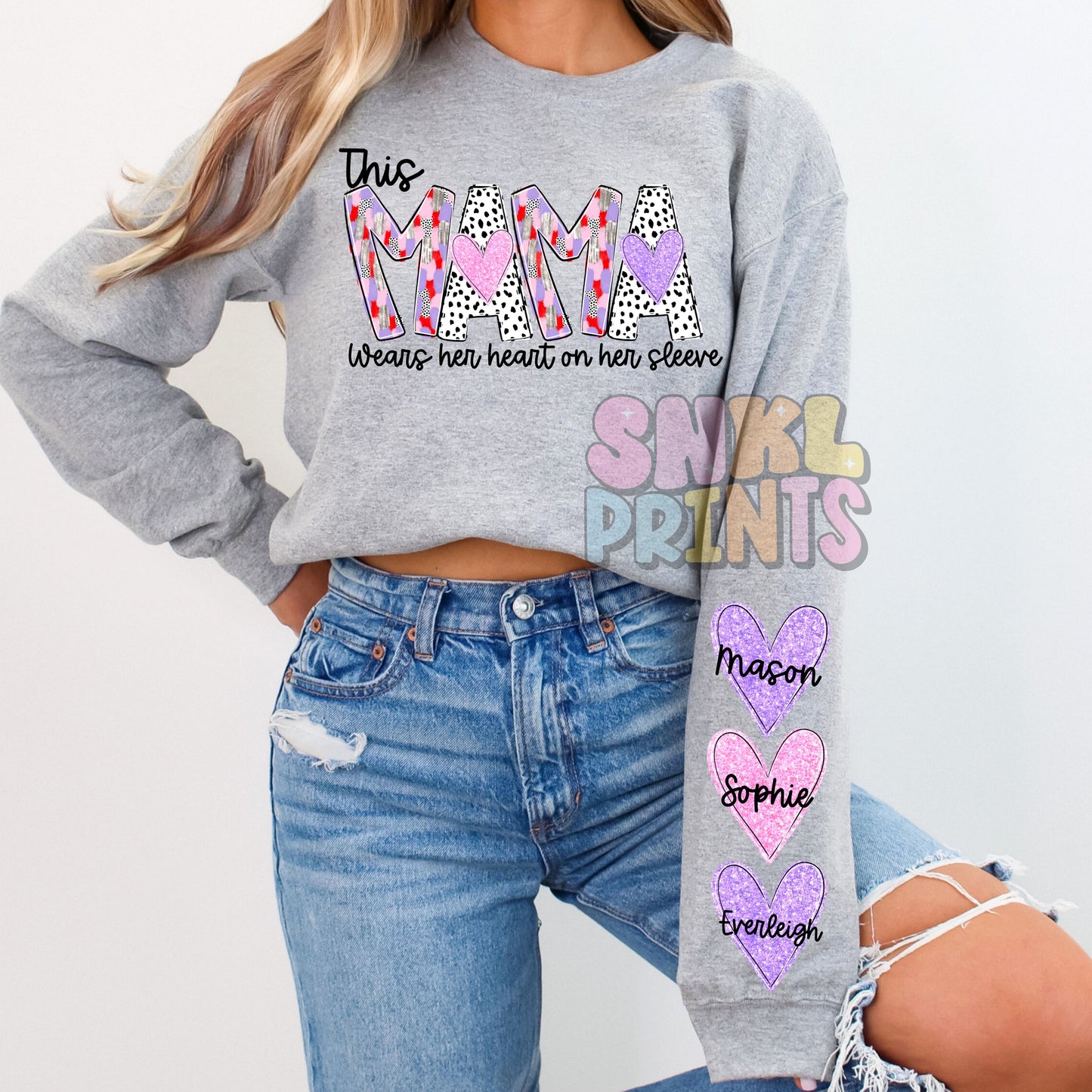 This Mama Wears Her Heart On Her Sleeve Valentine's Day Adult Sweatshirt