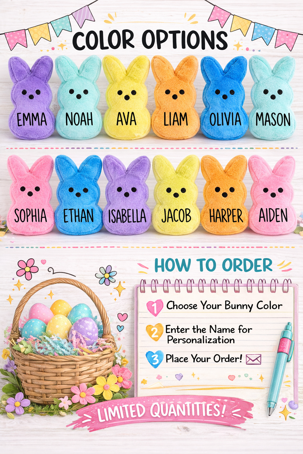 Personalized Peeps Plush | Custom Name Easter Bunny Stuffed Animal | Easter Basket Stuffer for Kids | Peeps Plushie Gift