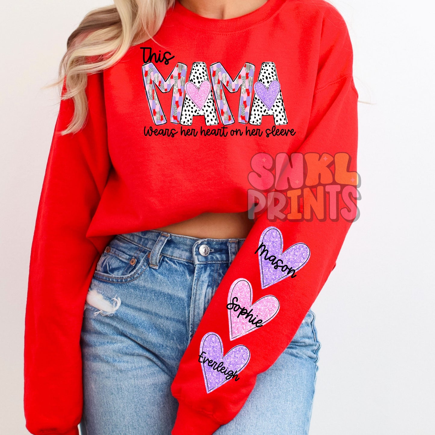 This Mama Wears Her Heart On Her Sleeve Valentine's Day Adult Sweatshirt