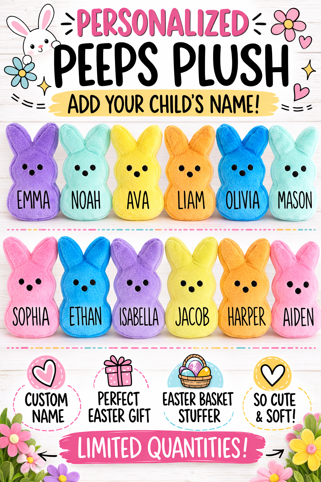 Personalized Peeps Plush | Custom Name Easter Bunny Stuffed Animal | Easter Basket Stuffer for Kids | Peeps Plushie Gift