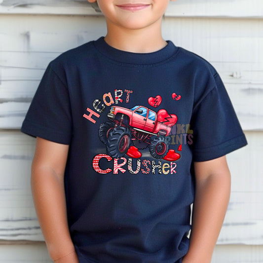 Heart Crusher Monster Truck Valentine’s Day T-Shirt – Bella Canvas Soft Tee for Kids & Adults – Cute Unisex Valentine Shirt