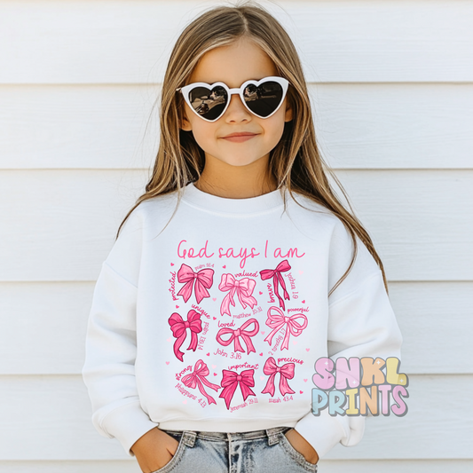 God Says I Am Coquette Bow | ChristianShirt & Sweatshirt | Kids & Adults